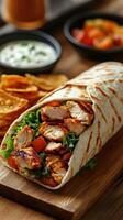 Grilled chicken wrap with fresh vegetables served with tortilla chips and dips at a casual dining spot photo