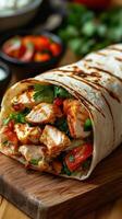 Freshly prepared chicken wrap with vegetables served on a wooden board in a cozy setting photo