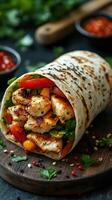 Delightful wrapped chicken and vegetable burrito served on a wooden board with salsa garnishes photo