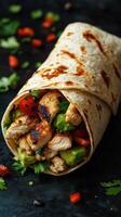 Delicious grilled chicken wrap filled with fresh avocado and vegetables on a dark background photo