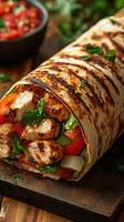 Grilled chicken wrap filled with fresh vegetables served on a rustic wooden table photo