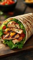 Delicious grilled chicken wrap filled with fresh vegetables on a wooden surface in a cozy setting photo