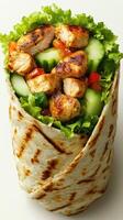 Grilled chicken wrap with crunchy vegetables and fresh greens served on a white plate photo