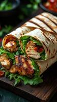 Grilled chicken wraps with fresh vegetables served on a wooden board during a summer picnic photo