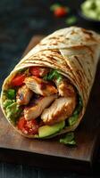 Delicious chicken wrap filled with fresh ingredients served on a wooden board photo