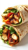 Grilled chicken wraps filled with fresh vegetables and herbs served on a white plate photo