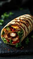 Delicious grilled chicken wrap garnished with fresh vegetables and spices on a slate surface photo