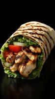 Grilled chicken wrap with fresh vegetables and tortilla served on a dark background photo