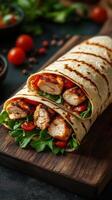 Delicious grilled chicken wraps with fresh vegetables served on a wooden board photo