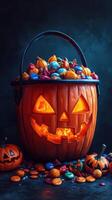 Vibrant Halloween pumpkin bucket overflowing with colorful candy and spooky decorations for festive celebration photo