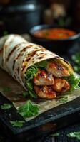 Grilled chicken wrap with fresh greens served with tangy dipping sauce on a rustic wooden table in a cozy setting photo