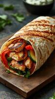 Freshly grilled chicken wrap with vegetables served on a wooden board in a cozy setting photo