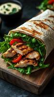 Grilled chicken wrap with fresh vegetables served on a wooden board in a cozy setting photo