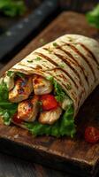 Grilled chicken wrap with fresh vegetables and sauce served on a rustic wooden board photo