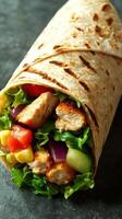Grilled chicken wrap full of fresh vegetables ready to be enjoyed for lunch or a quick snack photo