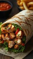 Grilled chicken wrap with fresh vegetables served on a wooden table alongside fries and dipping sauce photo