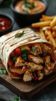 Delicious wrap filled with grilled chicken, fresh vegetables, and savory sauces served with crispy fries and dips photo