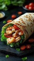 Fresh shrimp wrap with crisp lettuce and cherry tomatoes served on a dark stone plate in a casual setting photo