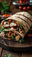 Delicious grilled chicken wrap with fresh vegetables and herbs served on a wooden board photo