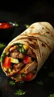 Delicious chicken wrap filled with fresh vegetables and herbs served in a rustic setting photo