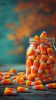 Colorful candy corn fills a glass jar with a rustic wooden backdrop during autumn festivities photo