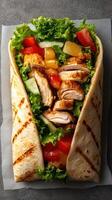 Delicious grilled chicken wrap filled with fresh vegetables served on a lettuce bed photo