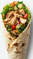 Delicious grilled chicken wrap filled with fresh vegetables and wrapped in a soft tortilla photo