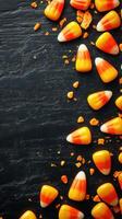 Colorful candy corn scattered on a dark surface with Halloween spirit captured in autumn photo