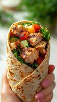 Delicious grilled chicken wrap filled with fresh vegetables and greens in a hand-held presentation photo