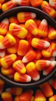 Colorful candy corn fills a black bowl, creating a festive autumn treat display for Halloween celebrations photo