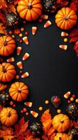 Festive autumn arrangement with pumpkins, candy corn, and fall leaves for Halloween celebration photo