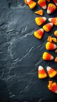 Colorful candy corn and orange snacks create a festive autumn display on a textured black background photo