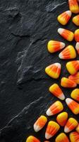 Colorful candy corn scattered on a dark textured surface creating a festive autumn display photo