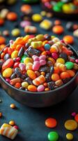 Colorful candy bowl filled with various sweets creating a vibrant display at a joyful gathering photo