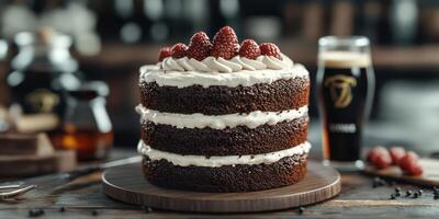 Delicious dark chocolate cake topped with whipped cream and fresh raspberries in a cozy cafe setting photo