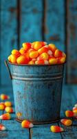 Colorful candy corn fills a rustic blue bucket on a wooden surface for a festive autumn decoration photo