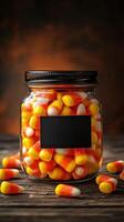 Jar filled with colorful candy corn on a rustic wooden table with warm background lighting photo