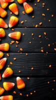 Colorful candy corn and orange sprinkles arranged on a dark wooden surface for autumn celebrations photo