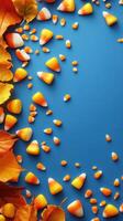 Bright Halloween-themed layout with candy corn and autumn leaves on a blue background in a festive arrangement photo