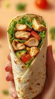 Delicious chicken wrap with fresh vegetables held in hand during a sunny day photo