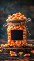 Colorful candy corn fills a glass jar with a rustic lid, creating a festive autumn display for seasonal celebrations photo