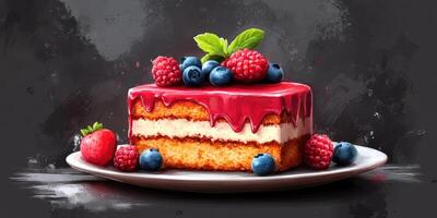 Delicious layer cake topped with fresh berries and mint displayed on a black textured background photo