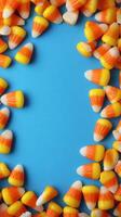 Colorful candy corn scattered on a blue background for Halloween festivities and autumn celebrations photo