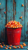 Colorful candy corn fills a red bucket against a rustic blue wooden background during autumn festivities photo