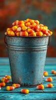 Colorful candy corn fills a rustic metal bucket on a wooden table, celebrating the seasonal treat and autumn atmosphere photo