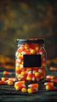 Colorful candy corn jar surrounded by scattered sweets on a rustic wooden table photo