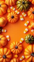 Colorful collection of pumpkins and candy corn on bright orange background for festive autumn celebrations photo