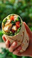 Freshly made grilled chicken wrap with vegetables held in a hand against a green background photo