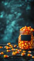Colorful candy corn fills a glass jar on a rustic wooden table with scattered pieces around photo