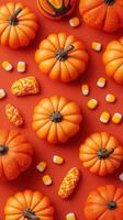 Colorful pumpkins and candy corn create a festive autumn display on a vibrant orange background photo